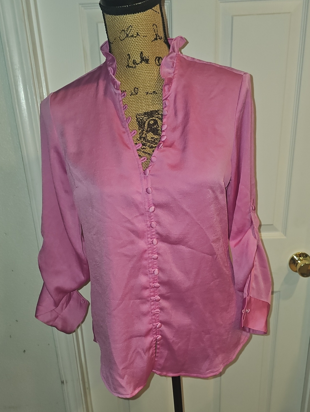Express Hot Pink Ruffle-Trim Button Front Blouse - Picture 6 of 7
